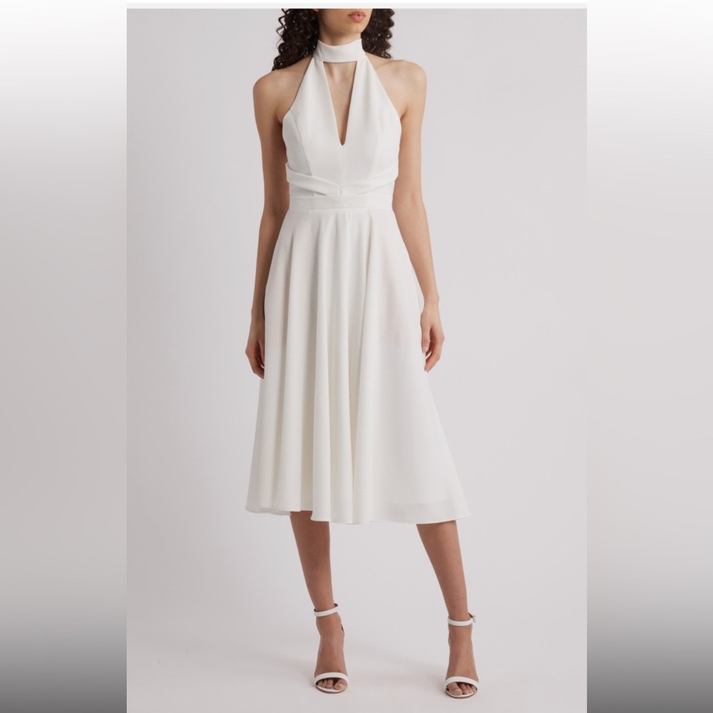 Black Halo Elegant White Halter Midi Dress